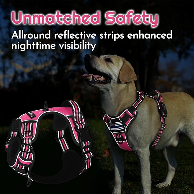 Eagloo Dog Harness for Large Dogs, Easy Wearing with 3 Buckles, Adjustable No Pull Pet Harness with 2 Rings for Walking, No Chock Reflective Soft Padded Vest with Control Handle, Pink & Black, L-PurrikoPets