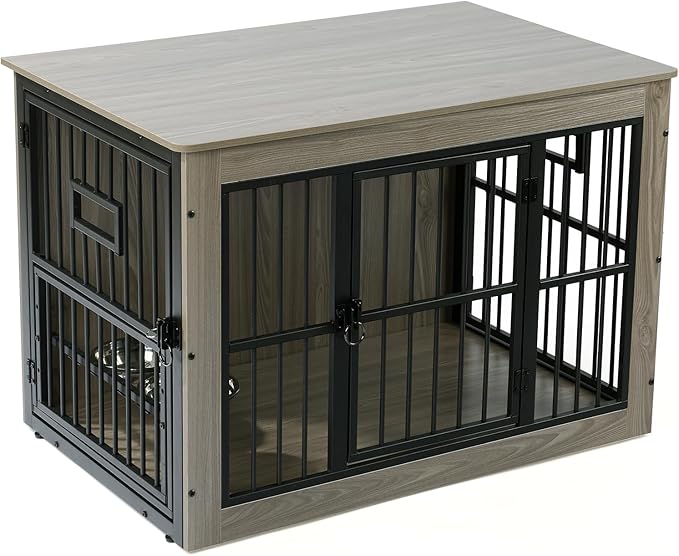 Gardner Pet Dog Crate Furniture for Medium Dogs, 38.8 Inch Dog Kennel Indoor, Wooden Dog Cage End Table with 2 Removable Bowls, Heavy Duty Dog Crate, Rustic Grey-PurrikoPets