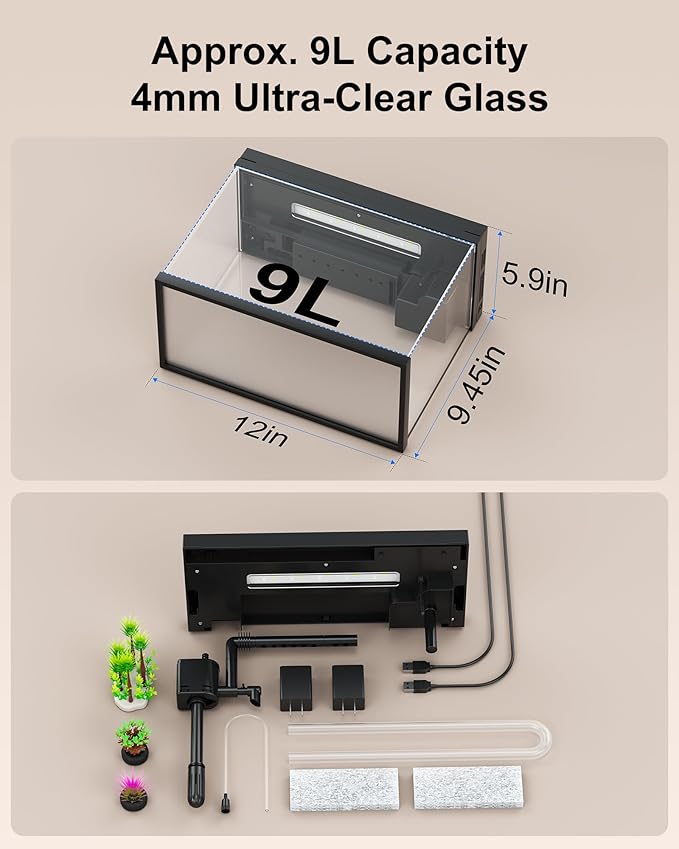 Fish Tank with Desktop Humidifier, 2.38 Gallon Quiet Eco Aquarium,Smart Touch LED Light & Temperature Display, Glass Mini Fish Tank-PurrikoPets