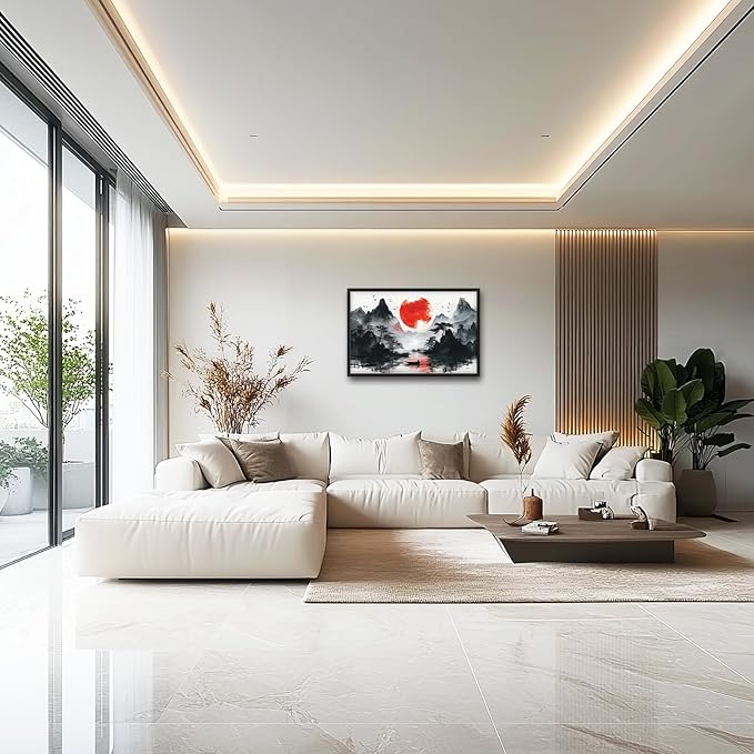 Framed Large Japanese Mountain Wall Art for Living Room, Oversized Asian Red Sun Lake Landscape Wall Decor Nature Canvas Painting Home Decoration for Living Room Bedroom Office 36"x24"-PurrikoPets