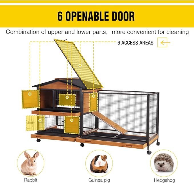 AIVITUVIN Rabbit Hutch Indoor with Metal Frame Rabbit Cage with Pull Out Tray No Leakage Bunny Cage with Wheel Guinea Pig Cage-PurrikoPets
