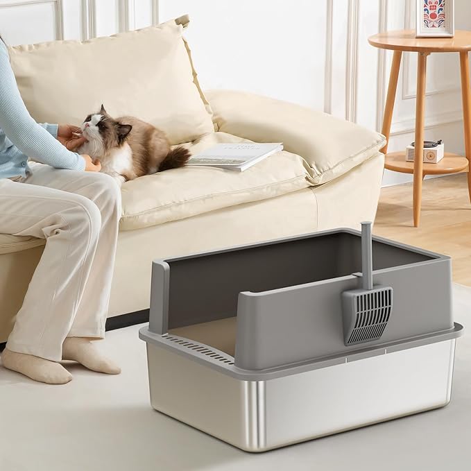 28" Extra Large XXL Stainless Steel Cat Litter Boxes with Lid Metal Cat Litterbox Pan for Big Cats and Multiple Cats, Anti-Leakage, Easy Cleaning, Include Scoop-PurrikoPets