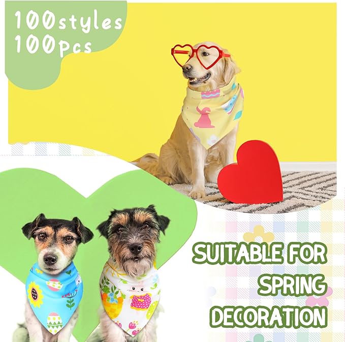 100 Pcs Dog Bandanas Bulk Pet Bibs Colorful Triangle Scarf Pet Bandanas for Medium Large Dogs Spring Summer Birthday Costume Decoration (Easter)-PurrikoPets
