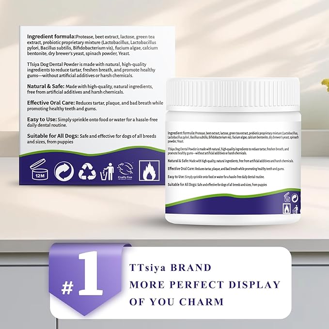 Dog Teeth Cleaning Powder, Pet Dental Powder -Dental Care, Dogs Breath Freshener with Probiotics for Tartar & Reduces Plaque & Bad Breath Teeth Cleaning for Small, Medium, Large Dogs 100g-PurrikoPets