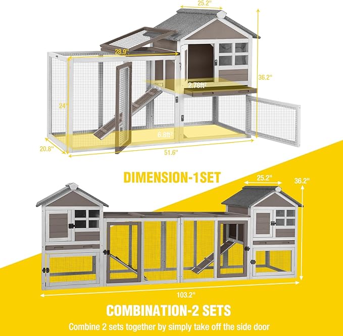 Aivituvin Rabbit Hutch Indoor Bunny Cage Outdoor with Run Chicken Coop Guinea Pig House with Waterproof Asphalt Roof,No Leakage Pull Out Tray-PurrikoPets