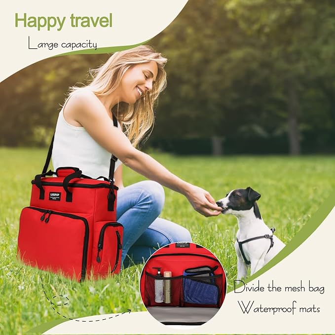 Dog Travel Bag,Weekend Pet Travel bag Set for Dog and Cat,Airline Approved Tote Multi-Function Bags for Traveling,Include 2 Collapsible Bowls,2 Food Storage Containers,1 Feeding Mat,Red-PurrikoPets