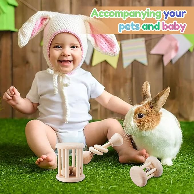 3 Pcs Wooden Bunny Toys - Safe Rabbit & Guinea Pigs Teeth Grinding Toys for Chinchillas, Hamsters & Small Animals - Indoor & Outdoor-PurrikoPets