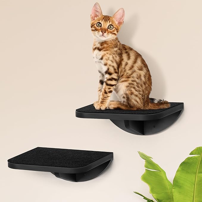 2-Piece Cat Wall Steps with Grey Felt Pads, Floating Cat Wall Perches and Climbing Steps, Wall Mounted Shelf for Small and Large Cats-PurrikoPets
