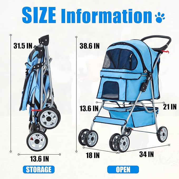 Dog Stroller, Folding 4 Wheels Pet Stroller for Small Medium Dog Cat Travel Carrier with Weather Cover Storage Basket Cup Holders Blue-PurrikoPets