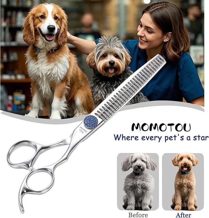 7.5'' Dog Grooming Scissors CNC 440C Blades Sharp and Durable Polished Chunker Dog Shears with Blue Diamond Adustable Screws Easy to Use for Groomer and Home User-PurrikoPets