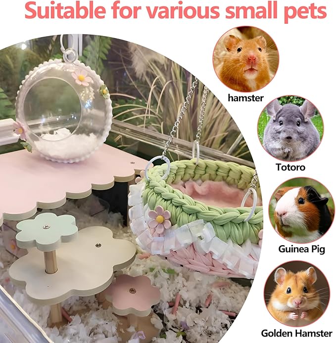 4-Pack Wooden Rat Cage Accessories - Platforms, Ladders & Hammocks Set for Chinchillas, Hamsters, Gerbils (for Iron/Wooden, Acrylic Hamster Cages + Customizable Layout) (11x6.7x5.5)-PurrikoPets