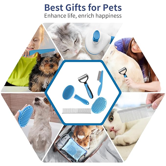 5 in 1 Dog Grooming Kit - Self-Cleaning Slicker Brush for Shedding Short Long Haired Dogs & Cats, Includes Pet Comb, Flea Comb, Bath Brush, Undercoat Rake - Complete Fur Care Set - Blue-PurrikoPets
