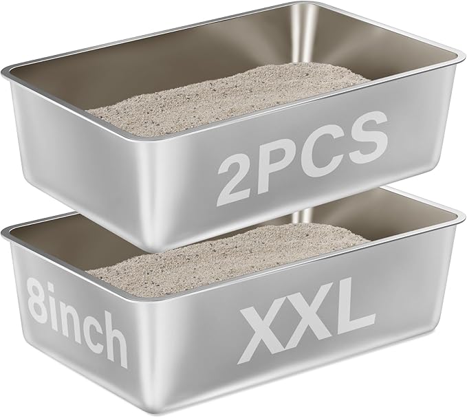 2 Pack Stainless Steel Litter Box-XXL Metal Litter Box for Big Cats 8IN Deep, Cat LitterBox-Pet Toilet Easy to Clean,High Sided Cat Litters Boxes Adult Cats,Non Stick, No Smell-PurrikoPets