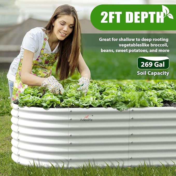 A ANLEOLIFE 6X3X2 ft Galvanized Raised Garden Beds Outdoor, Oval Large Metal Deep Root Planter Box for Planting Vegetables Flowers Herb, Anti-Rust & Easy-Setup, Antique White-PurrikoPets