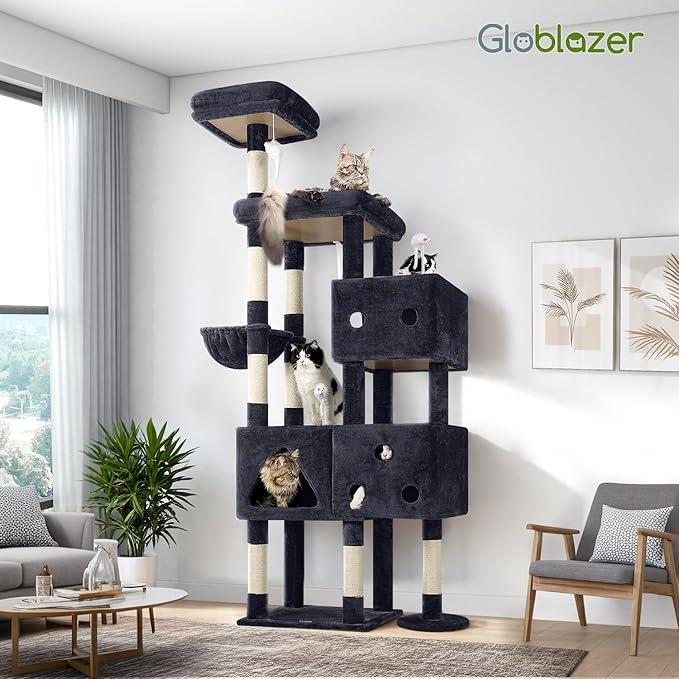 Globlazer Extra Large Cat Tower, 81-inch Tall Cat Tree for Big Cats 20 lbs, XXL Heavy Duty Cat Scratching Tower for Indoor Adult Cats with 3 Cat Condos, 8 Scratching Posts, F81, Dark Grey-PurrikoPets