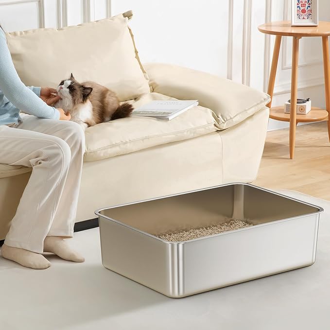 2 Pack Cat Pan Giant 28" Extra Large Stainless Steel Cat Litter Pan Metal Cat Litterbox for Big Cats and Multiple Cats, Anti-Leakage, Easy Cleaning-PurrikoPets