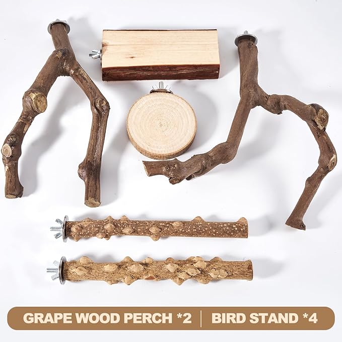 6-Piece Bird Perch Set - Natural Wood Grape Sticks, Paw Grinding Forks, Bird Stand & Toys for Parakeets, Cockatiels, Conure, Budgies-PurrikoPets
