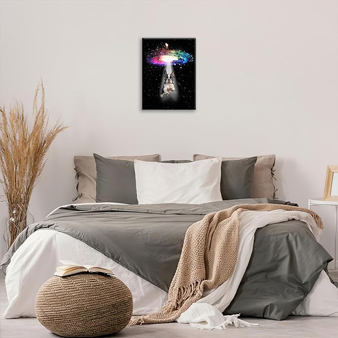 Funny Dog Wall Art Canvas Boston Terrier Wall Decor Prints Framed Painting Bulldog Galaxy Pictures Gifts Artwork for Bathroom 16"x20"-PurrikoPets