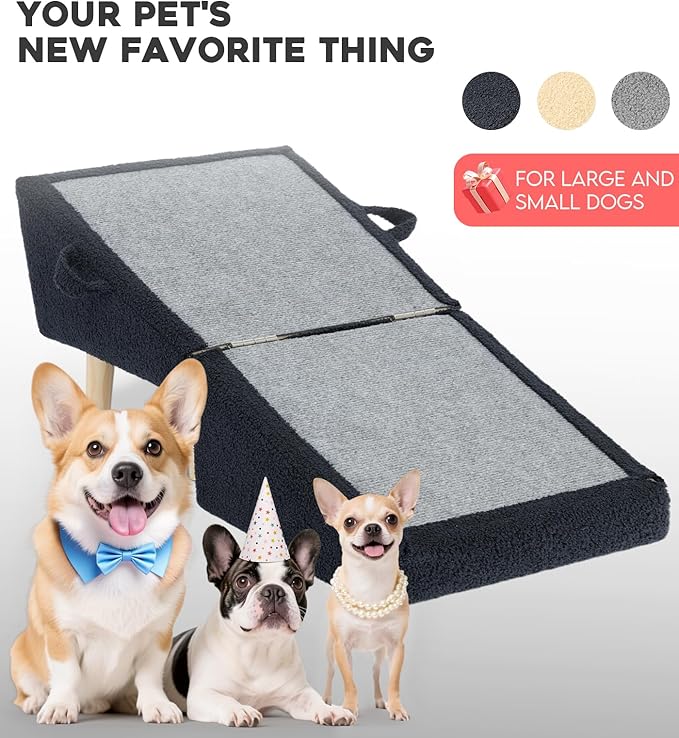 Dog Stairs for Small Dogs and Cats – 2-in-1 Dog Ramp for Bed and Couch, 16.5'' Foldable Wooden Pet Steps, Sturdy Multi-Use Split Ottoman Design, Dark Blue-PurrikoPets