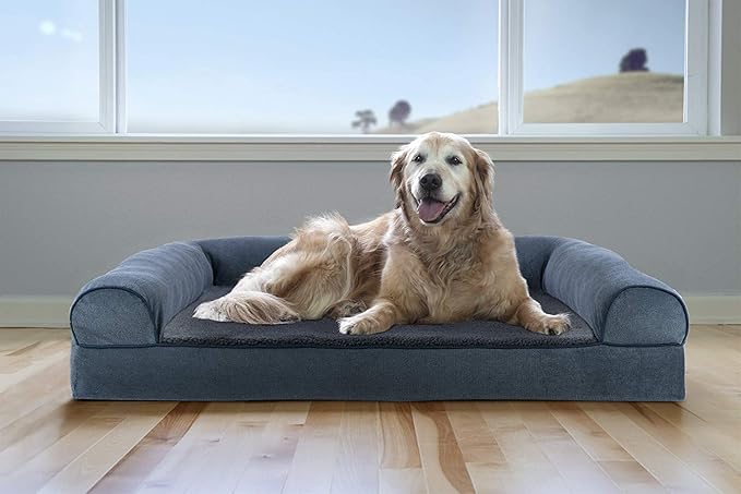 Furhaven Cooling Gel Dog Bed for Large Dogs w/ Removable Bolsters & Washable Cover, For Dogs Up to 95 lbs - Sherpa & Chenille Sofa - Orion Blue, Jumbo/XL-PurrikoPets