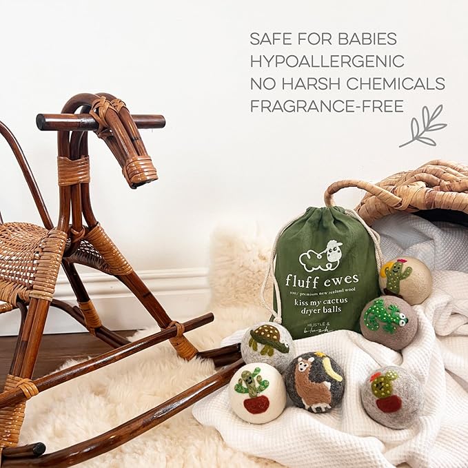 Fluff Ewes Wool Dryer Balls 6 Pack Premium New Zealand Wool Laundry Balls for Dryer, No Static Dryer Balls Laundry Reusable, XL Wool Dryer Balls Cute, Baby Dryer Balls for Dryers - Kiss My Cactus-PurrikoPets