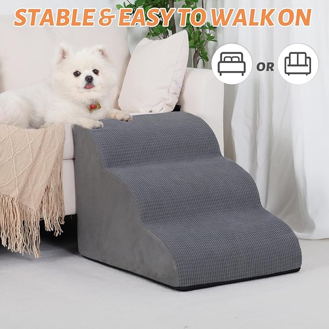 3-Step Dog Ramp and Stairs for Sofa and Chair - Non-Slip Sturdy Pet Steps for Small Dogs and Cats,15.7" H,Grey-PurrikoPets