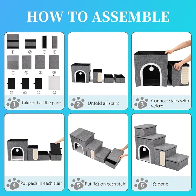 Dog Stairs for Bed and Couch 23“H, Foldable Dog Stairs for Small Older Dogs, 4 in 1 Adjustable Pet Cat Steps Ramps with Storage, Condo, Cat Scratcher, Hold Up to 180LBS, 4 Steps-PurrikoPets