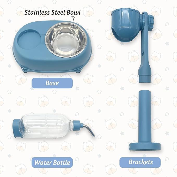 Fhiny Dog Water Feeder Bottle with Stand, Dispenser Automatic Water Food Bowl for Cage No-Drip Leak-Proof Adjustable Raised Pet Slow Water Bottle Dog Kennel Durable Drinker (Blue, 17oz)-PurrikoPets