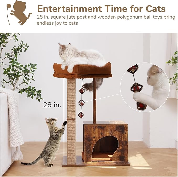 FUKUMARU Cat Scratching Post, Modern Style Cat Tree with Unique Square Post, Wooden Cat Tower with silvervine Balls, Retro Cat Condo Scratcher for Indoor Cats(Solid Wood)-PurrikoPets