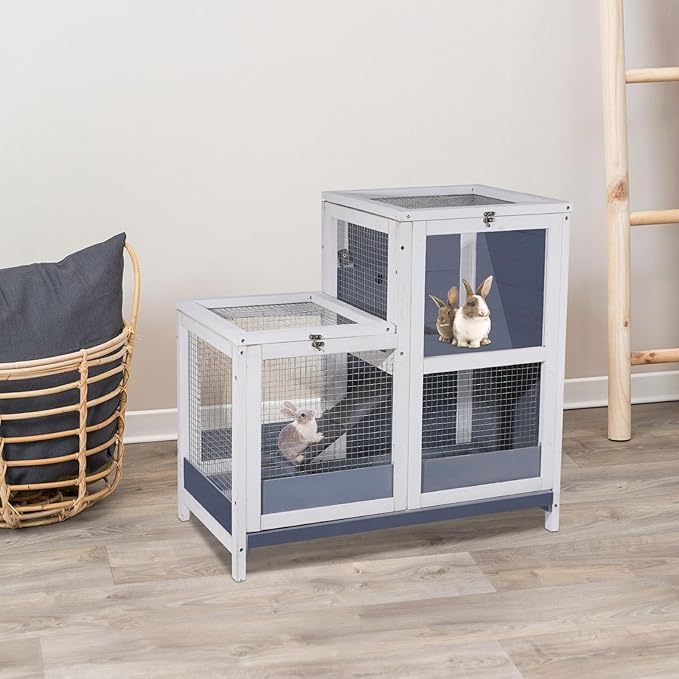 2-Story Guinea Pig Cages Wooden Indoor Rabbit Hutch Hamster Cage with Openable Roofs, Removable Tray and Wide Ramp, Small Animal Habitats for Hamsters, Guinea Pig, Ferrets, Hedgehog-PurrikoPets