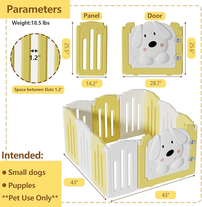 Foldable Dog Play Pen Indoors, Non-Slip Sturdy Puppy Playpen with Door, 25.5" H 10-Panel Adjustable Shape Dog Fence Pen for Small/Medium Dogs, Thickened, Easy to Store, White+Yellow-PurrikoPets