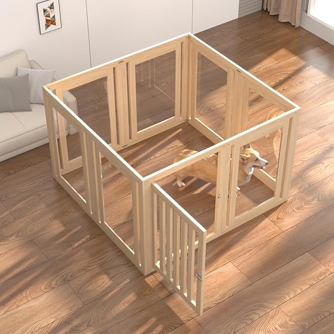 8 Panels Dog Playpen with Door, 23.6" H Pet Playpen Indoor, Clear Acrylic Puppy Playpens, Wooden Puppy Fence with Gate, Transparent Dog Pens, Pet Pen Indoor for Dogs, Cats, Rabbit, Small and Medium-PurrikoPets