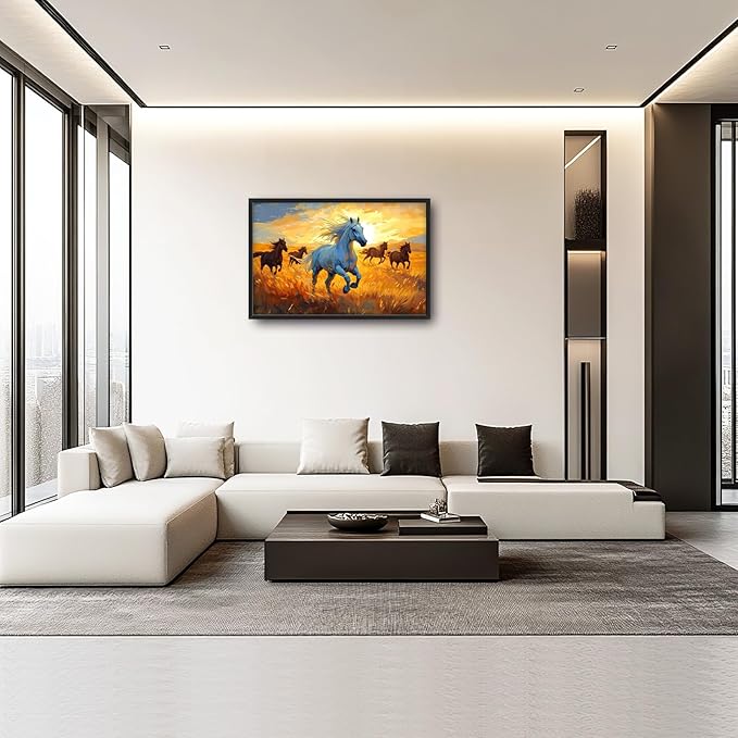 Framed Large Horse Wall Art for Living Room, Oversized Running Horses Wall Decor, Sunset Field Landscape Canvas Painting Home Decoration for Living Room Bedroom Dining Room Office 36"x24"-PurrikoPets