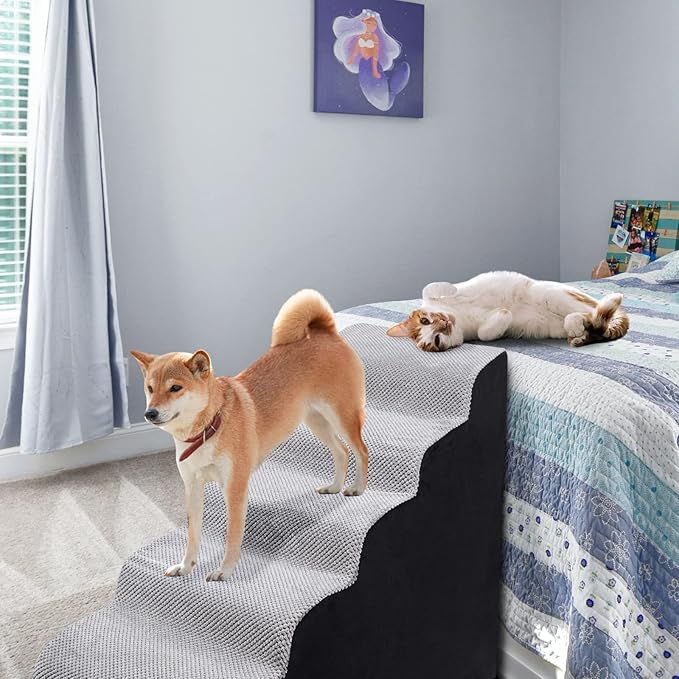 Dog Stairs&Steps for High Beds Up to 28'', 5-Step Dog Ramp for Small Medium Dogs with Washable Cover, Pet Steps for Cats to Get on Couch and Sofa, Durable Foam Ladders, 24.4" Tall, Grey-PurrikoPets