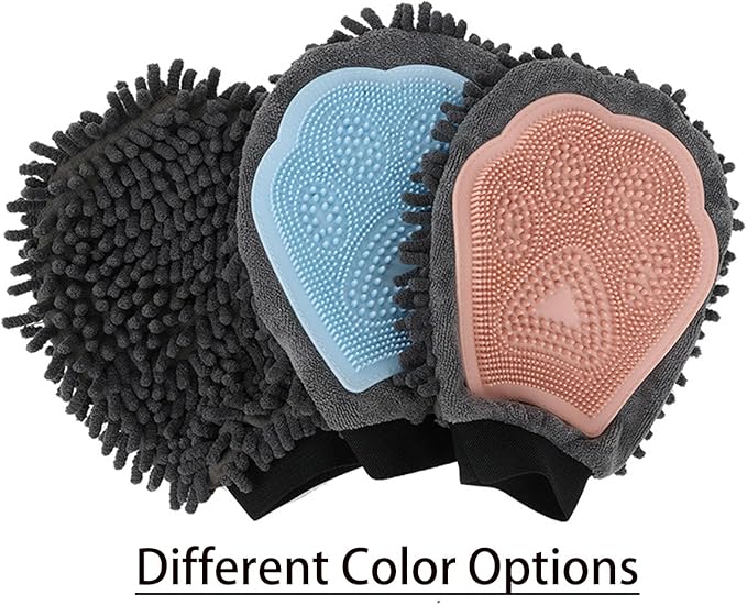 Dual Sided Pet Grooming Glove with Rubber Paw - 2-in-1 Grooming Glove | Fun Dogs & Cats Grooming Tool for Brushing, Massaging, and Scrubbing | Chenille Fabric Side Acts as Pet Bathing(Blue)-PurrikoPets
