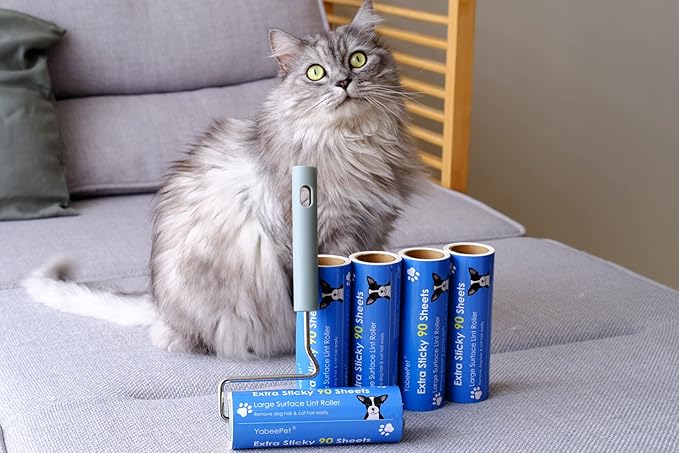 Extreme Sticky Large Surface Lint Roller, 6.3'' Giant Pet Hair Remover Roller for Pet Dog Cat Hair, Clothes&Furniture Cleaning, 90 Sheets (1 Roller + 2 Refills)-PurrikoPets