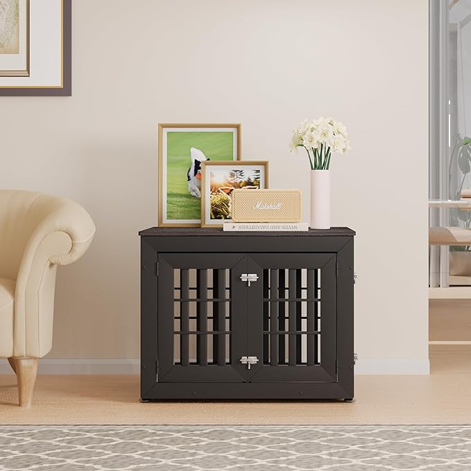 32" Heavy Duty Dog Crate Furniture for Small,Medium and Large Dogs,Rustic Wooden Dog Cage Kennel Indoor Furniture with Waterproof Top,Decorative Pet House Side End Table (Black & Grey)-PurrikoPets