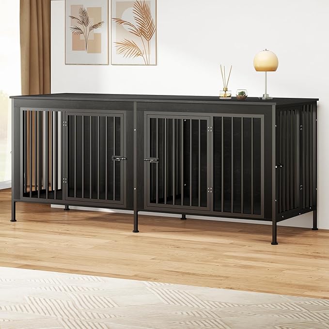 78 Inch Dog Cage Furniture for 2 Large/Medium Dogs with Removable Divider, Extra Large Double Doors Dog Kennel, XXL Thick Wooden Dog cage Furniture, Durable and Sturdy, Dark Grey-PurrikoPets
