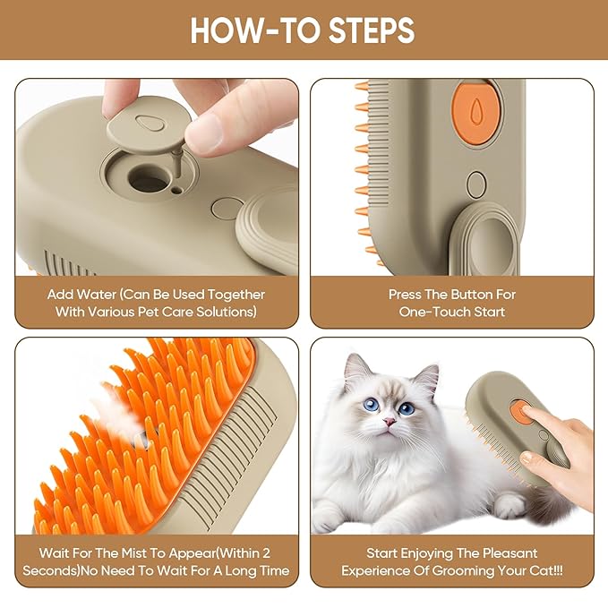 4-in-1 Cat Steam Brush for shedding–Self-Cleaning Comb for Long and Short Hair Cats and Dogs, Steam Pet Brush for Hair Removal, Vibrating Message, Grooming & Relaxation (Khaki)-PurrikoPets