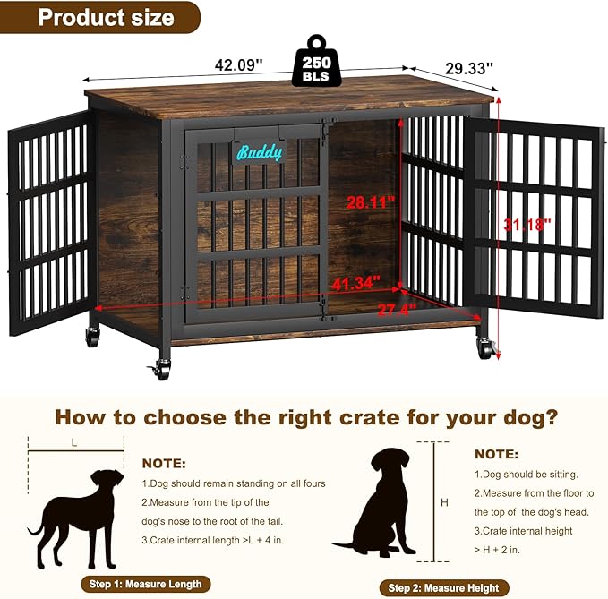 EasyCom 42"/41"/33" Dog Crate Furniture with Name Tag, XL Heavy Duty Dog Kennel Indoor for Large and Medium Dogs, Double-Doors Sturdy Dog Cage for Anxiety Dog, Decorate House as TV Stand-PurrikoPets