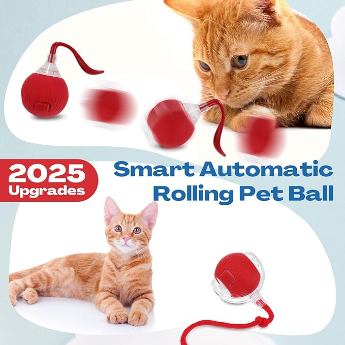 2 Pcs Interactive Rolling Cat Dog Toy Ball, Electric Cat Ball Toy Smart Automatic Self Rolling Dog Ball Toys, 360° Smart Rolling Ball Toy Electric Balls for Dog Cat (Red)-PurrikoPets