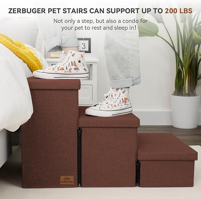Dog Stairs with Storage 18" H, 3-Step Wider Dog Steps for Small/Medium/Large Old Dogs Cats, Folding Sturdy Pet Stairs Climbing Bed Couch, Ramp for Car Hold Up to 200 lbs (Brown, No Condo)-PurrikoPets