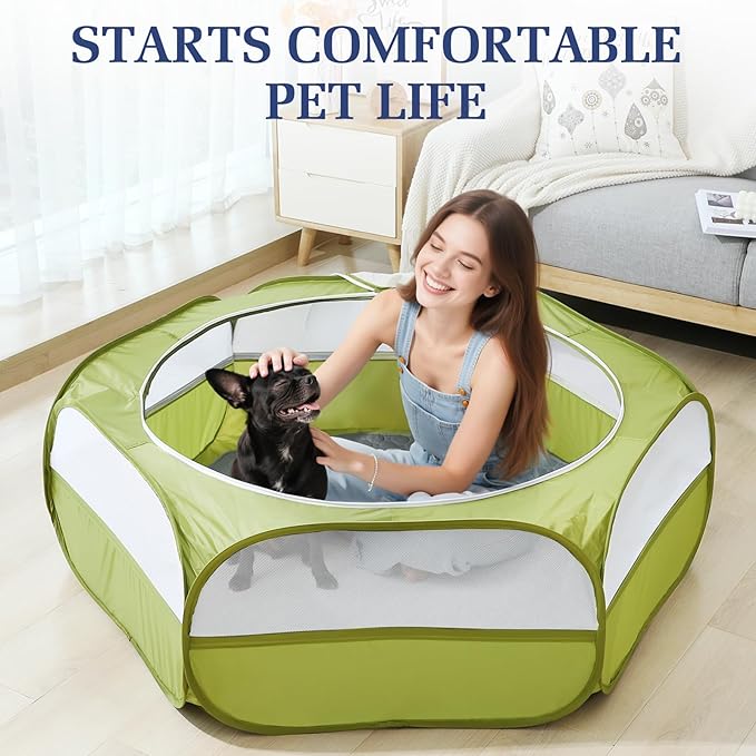 2-in-1 Small Animals Playpen with Pad, Waterproof Small Pet Cage Tent with Reusable Pad, Portable Outdoor Yard Fence with 3 Metal Rod for Chick/Kitten/Puppy/Guinea Pig/Rabbits/Chinchillas, Green-PurrikoPets