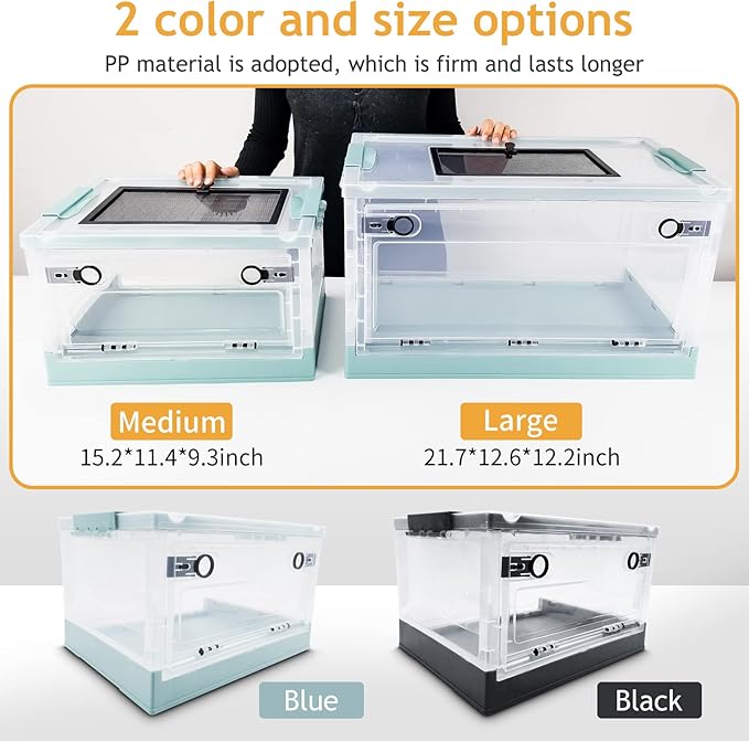 Foldable Reptile Terrariums Kits with Plant, Feeding Bowl, Carpet, Easy to Carry, Easy to Move with Wheels, Heat-Resistant Material, Suitable for Lizard Tortoise Leopard Gecko (Black)-PurrikoPets