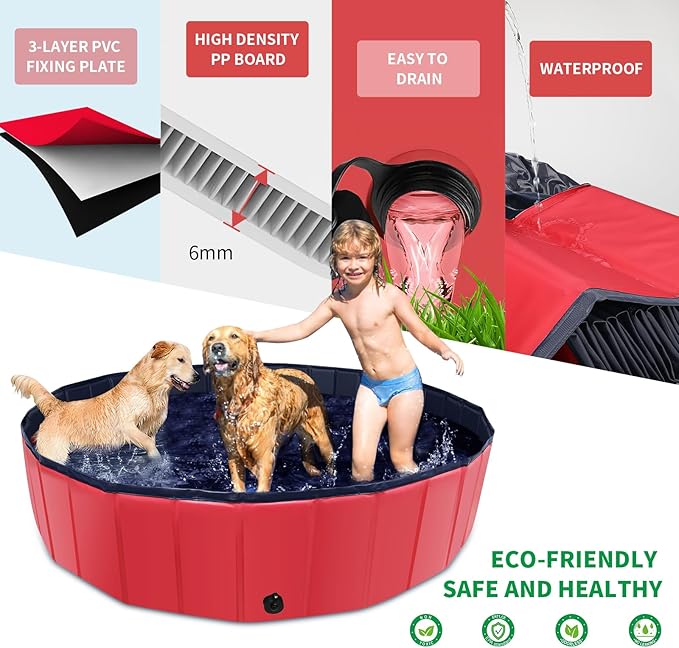 Foldable Dog Pool, 55" x 12" Kiddie Pool with Hard Plastic, Non-Slip Dog Bath Tub for Outdoor Backyard, Collapsible Dog Swimming Pool for Kids Dogs Pets (Red)-PurrikoPets