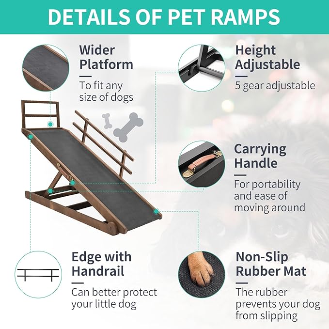 Dog Ramp, 5 Level Adjustable Height Folding Pet Ramp for High Bed, Portable Paw Ramps Large Bed Ramp for Medium & Large Old Dogs & Cats - Natural Wood Furniture Quality-PurrikoPets