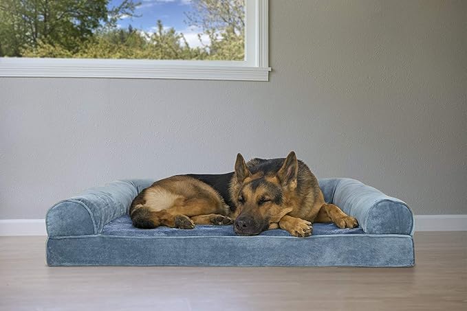 Furhaven Orthopedic Dog Bed for Large Dogs w/ Removable Bolsters & Washable Cover, For Dogs Up to 95 lbs - Faux Fur & Velvet Sofa - Harbor Blue, Jumbo/XL-PurrikoPets