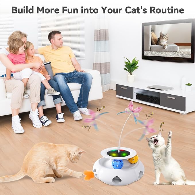 3in1 Interactive Cat Toys Moving Ambush Feather, Spinning Butterfly, Track Balls, Rechargeable Automatic Activated Kitten Toys for Indoor Cats, Cat Feather Toy for All Breeds-PurrikoPets