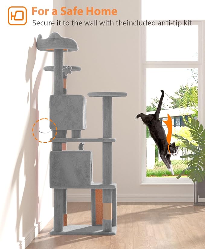 60'' Cat tree Tower for Indoor Cats Large Adult,Cute/Tall Modern Cat Tree for Big Cats 20 lbs,Plush Multi-Level Cat Condo with Scratching Posts,Dangling Ball for fun play(Light Gray, 60 inch)-PurrikoPets