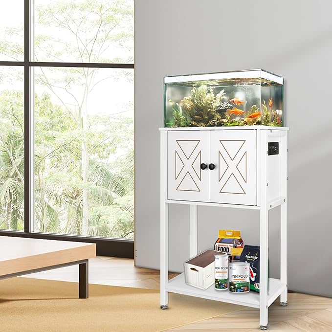 5-10 Gallon Fish Tank Stand, Heavy Duty Aquarium Stand with Cabinet & Power Outlets for Fish Tank Accessories Storage, Double Reptile Terrarium Stand 20.5" L* 11" W Tabletop, White-PurrikoPets